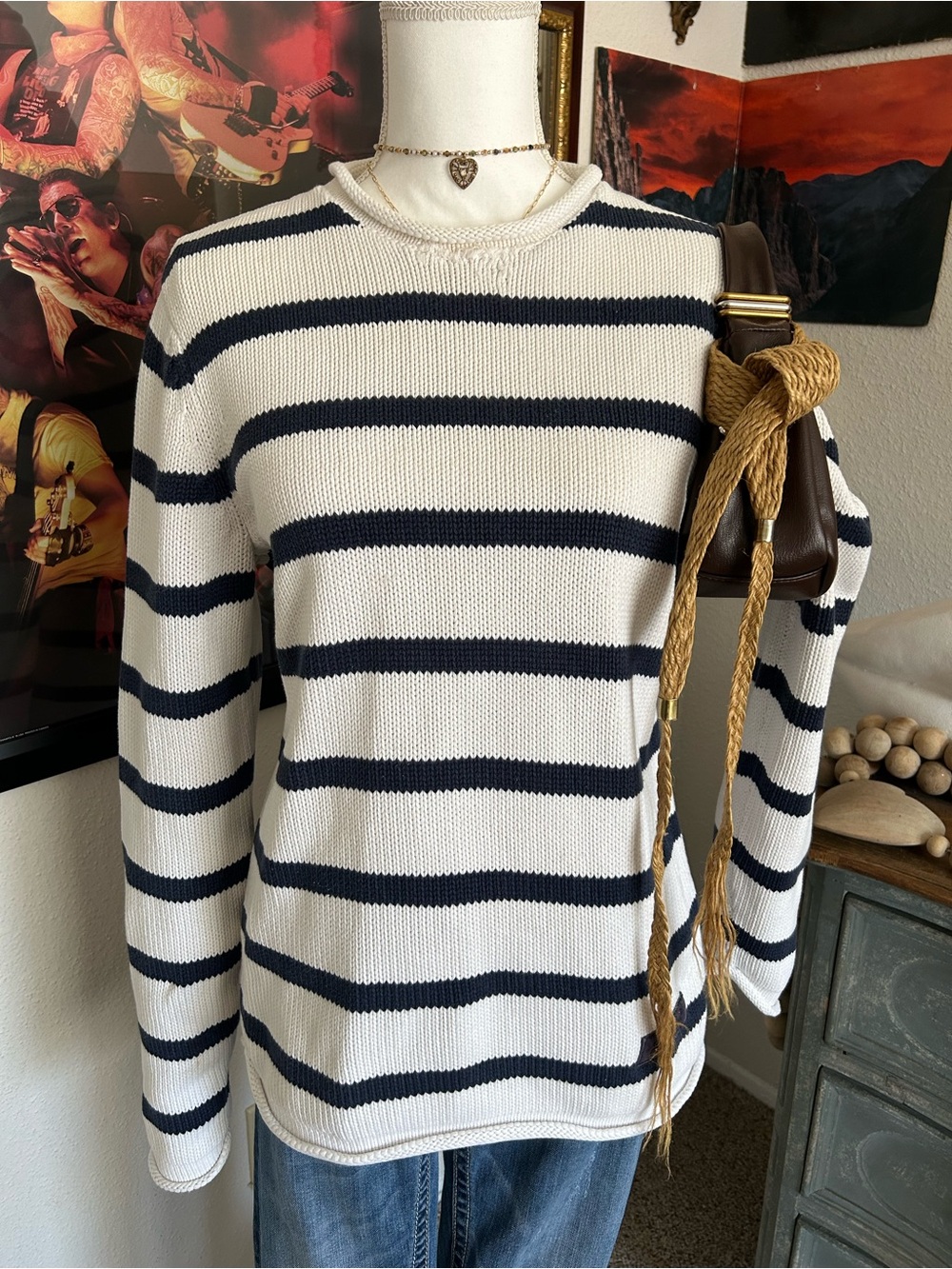 Vtg Tommy Hilfiger Roll Neck Sweater Womens M Ivory Navy Stripe Chunky Nautical